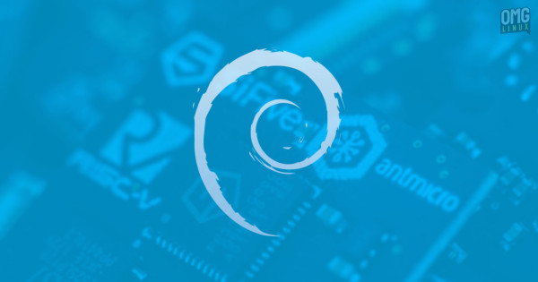 the Debian logo overlaid on a photograph of a RISC-V SoC
