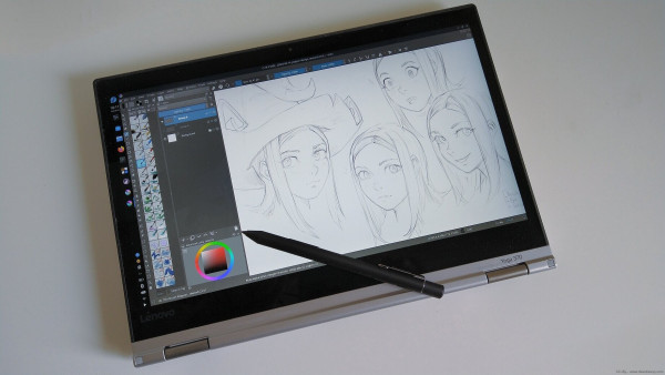 A photo of the Lenovo 370 Yoga device, running Fedora 38 with a digital sketch of Pepper penciled on the canvas of Krita. 
