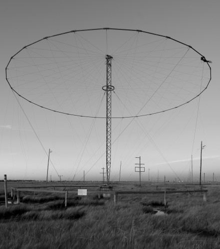 A tower suspending a large toroid, crisscrossed by numerous wires, in a marsh.