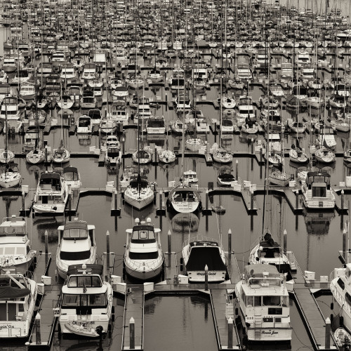 A marina full of docked boats, chiefly sailboats, on a calm day.