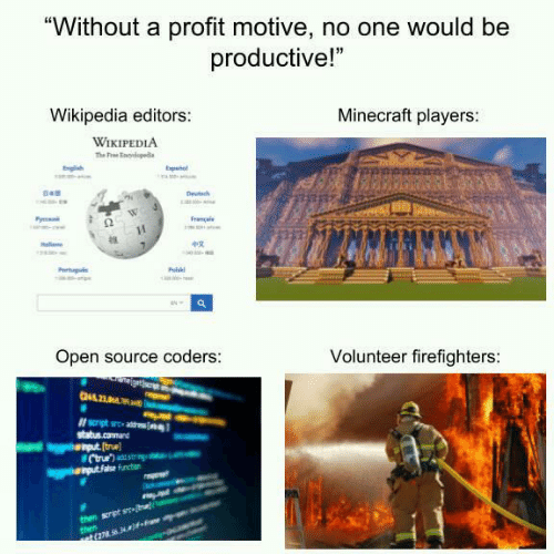 "Without a profit motive no one would be productive" is set above four photographs "Wikipedia editors" and a photo of the Wikipedia homepage, " Minecraft players" and a photo of a large neoclassical building constructed in Minecraft, "Open source coders" and a photo of code on a screen, and "Volunteer firefighters" and a photo of a firefighter in front of a large blaze with a hoze.