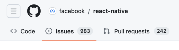 the react native repo on GitHub, with the tab highlighting the issues. Number of open is 983.