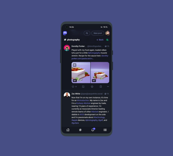 Mobile version of the latest Mastodon Bird UI pictured in a stylished device frame of OnePlus 8T, browsing hashtag #photography.