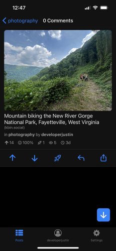 A screenshot of the Artemis alpha running on my phone. I’m looking at a post that I made in m/photography of my mountain biking trip from last weekend