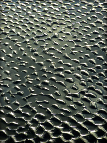 A colour photograph showing ripples of sand in standing water at low tide. The small, partly submerged ripples resemble mercury in the late afternoon light.