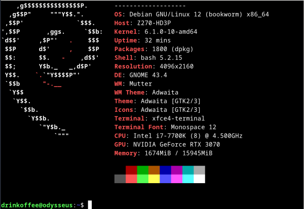 Neofetch screenshot showing Debian 12.