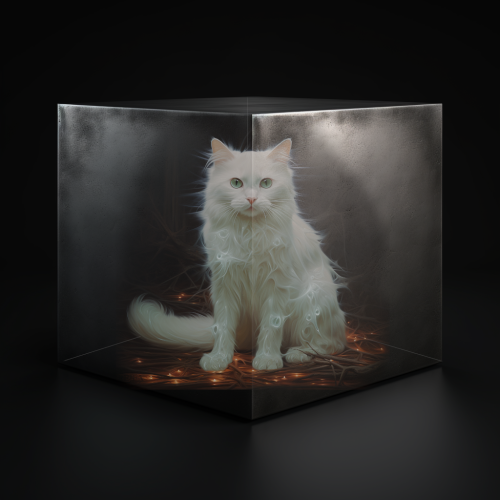 A ghostly cat sitting in a translucent metal box