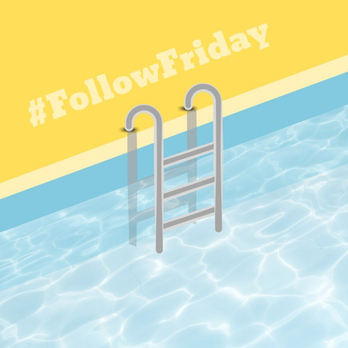 Cartoon representation of an outdoor pool with text written on the perimeter of the pool of #FollowFriday.